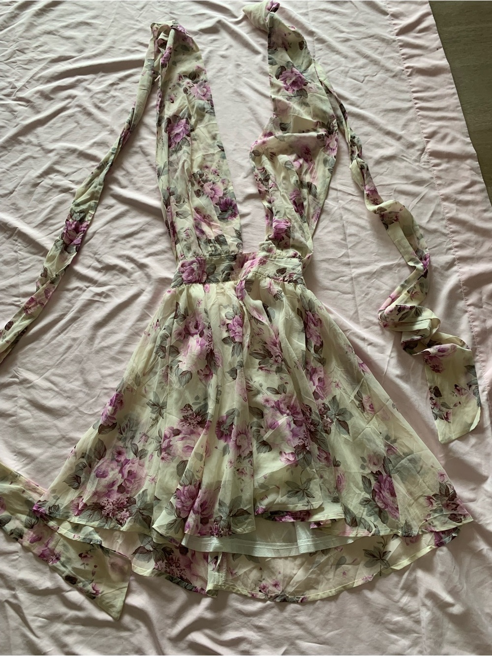 Floral Halter Skater Dress - cream and light purple Floral